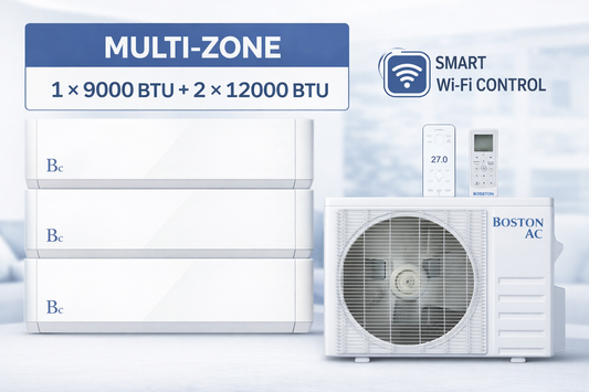 Multi-zone heat pump 27,000 BTU, 208/230V (BAM3H27F22X454).
Includes 1 indoor unit of 9,000 BTU and 2 indoor units of 12,000 BTU.