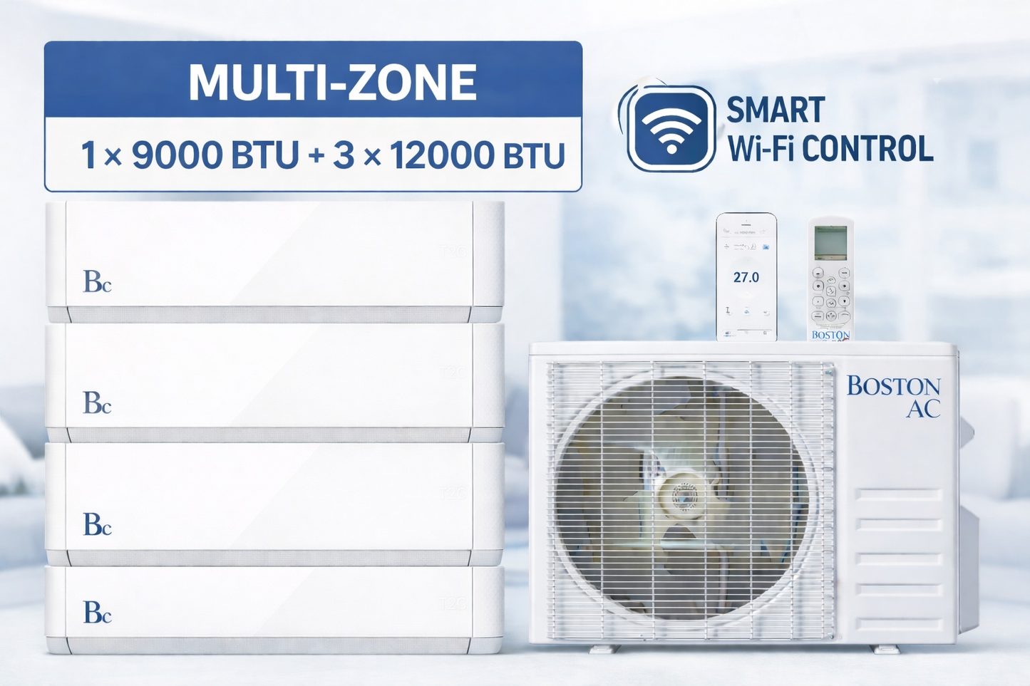 Thermopompe multizones 36000 BTU, 208/230V (BAM4H36F21X454)  Comprend 1 unité intérieure de 9000 BTU et 3 unités intérieures 12000 BTU